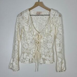 GLG Womens Lace Tie Front Top Bell Sleeve Boho Festival Cream Size M Cottagecore